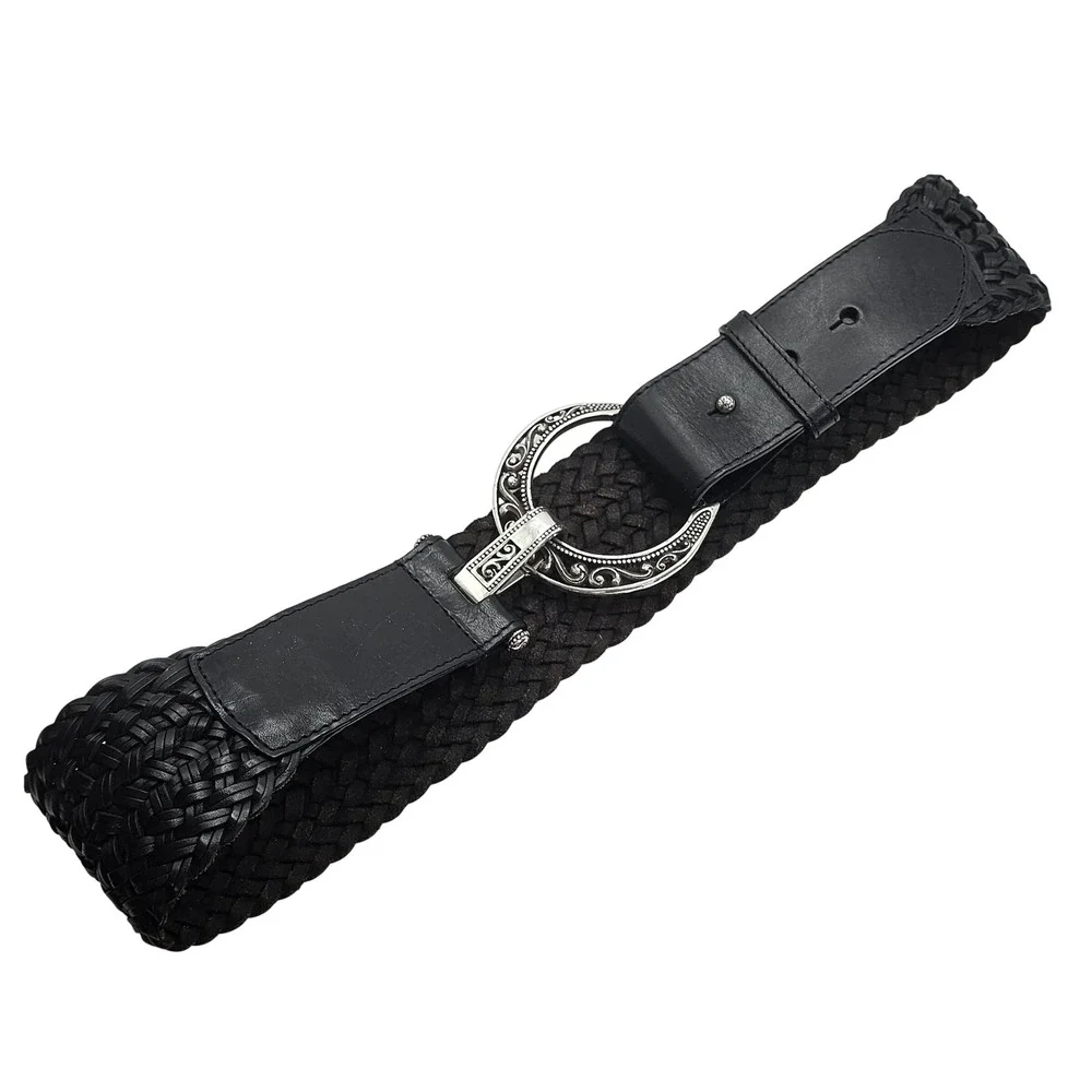 Brighton Braided Leather Belt Black Horseshoe‎ Heart Buckle Womens ML 32
